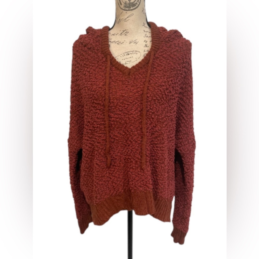 POL Textured Hooded Sweater Pullover Rust Oversized Knit Hoodie Large
